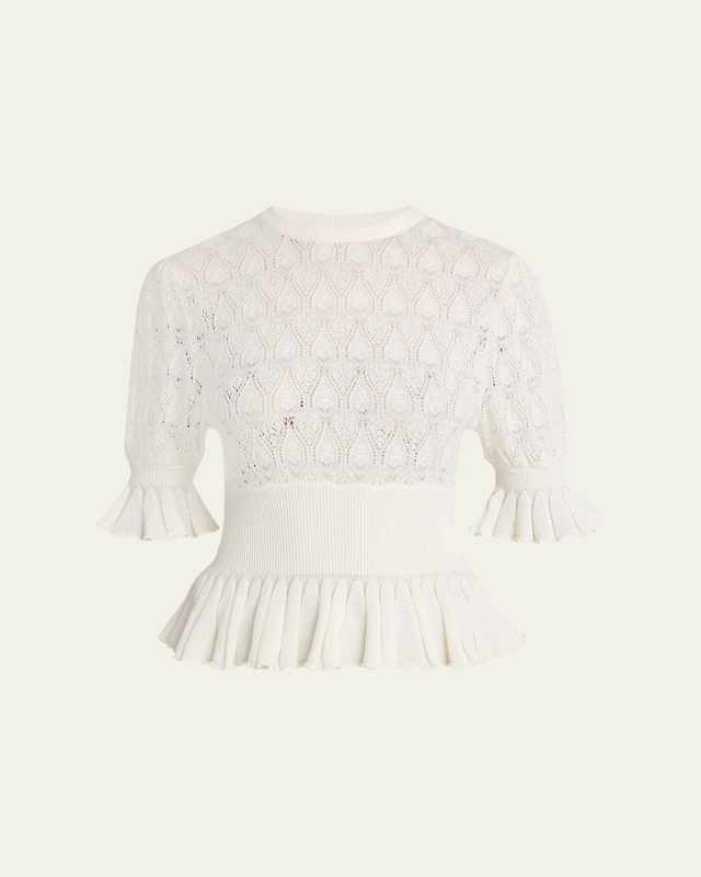 Short-Sleeve Pointelle Peplum Sweater